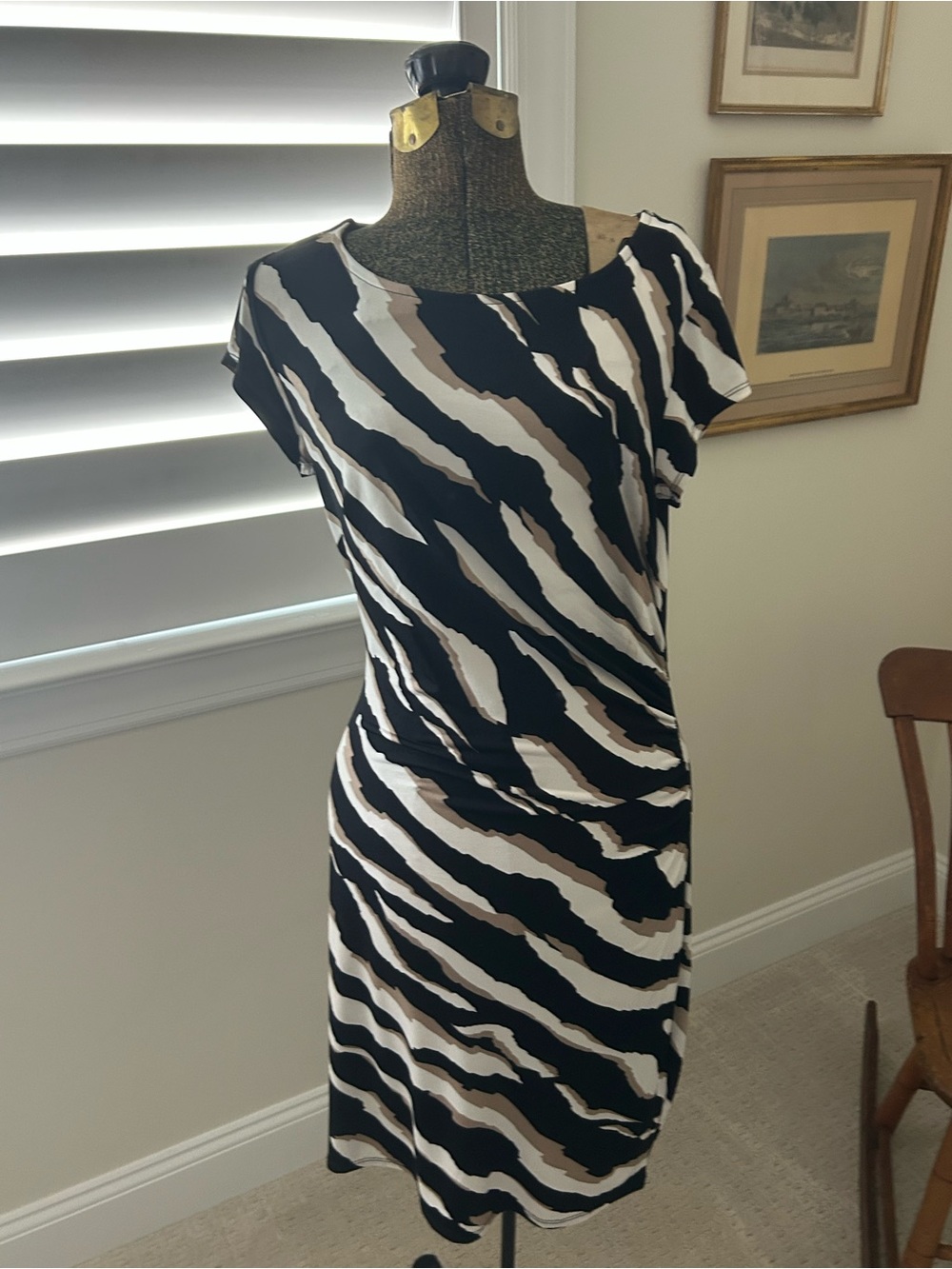 Laundry By Shelli Segal Black White and Taupe Zebra-Stripe Midi Dress